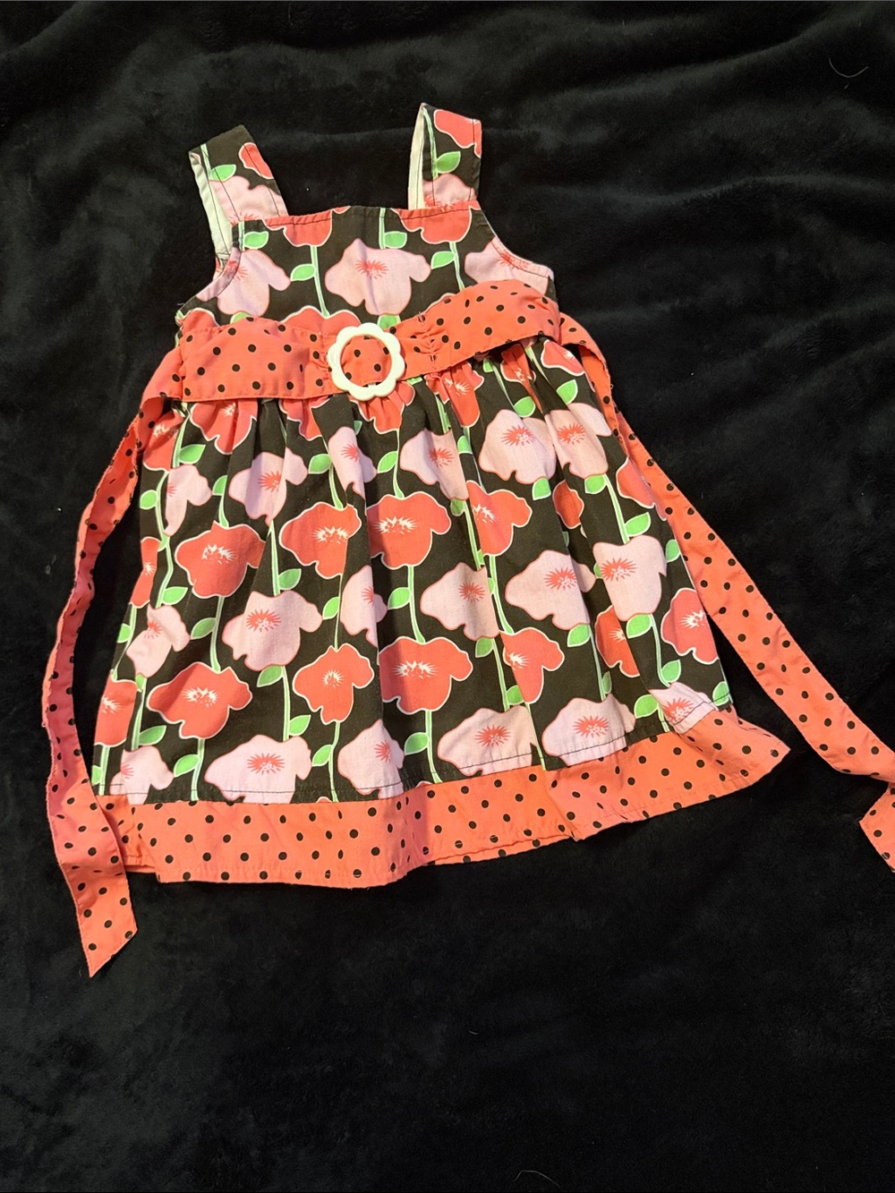 Girls Floral Coral and Brown Sundress with Polka-Dot Belt